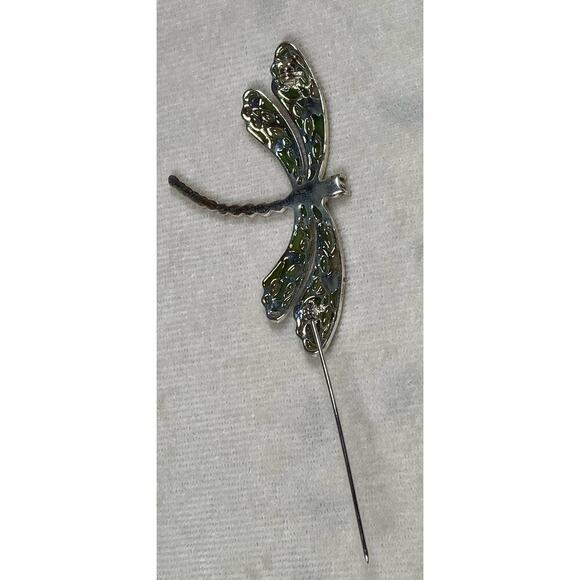 Vintage Dragonfly Pin Brooch Silvertone Light Blue Clear Rhinestone Green Enamel - Picture 9 of 10